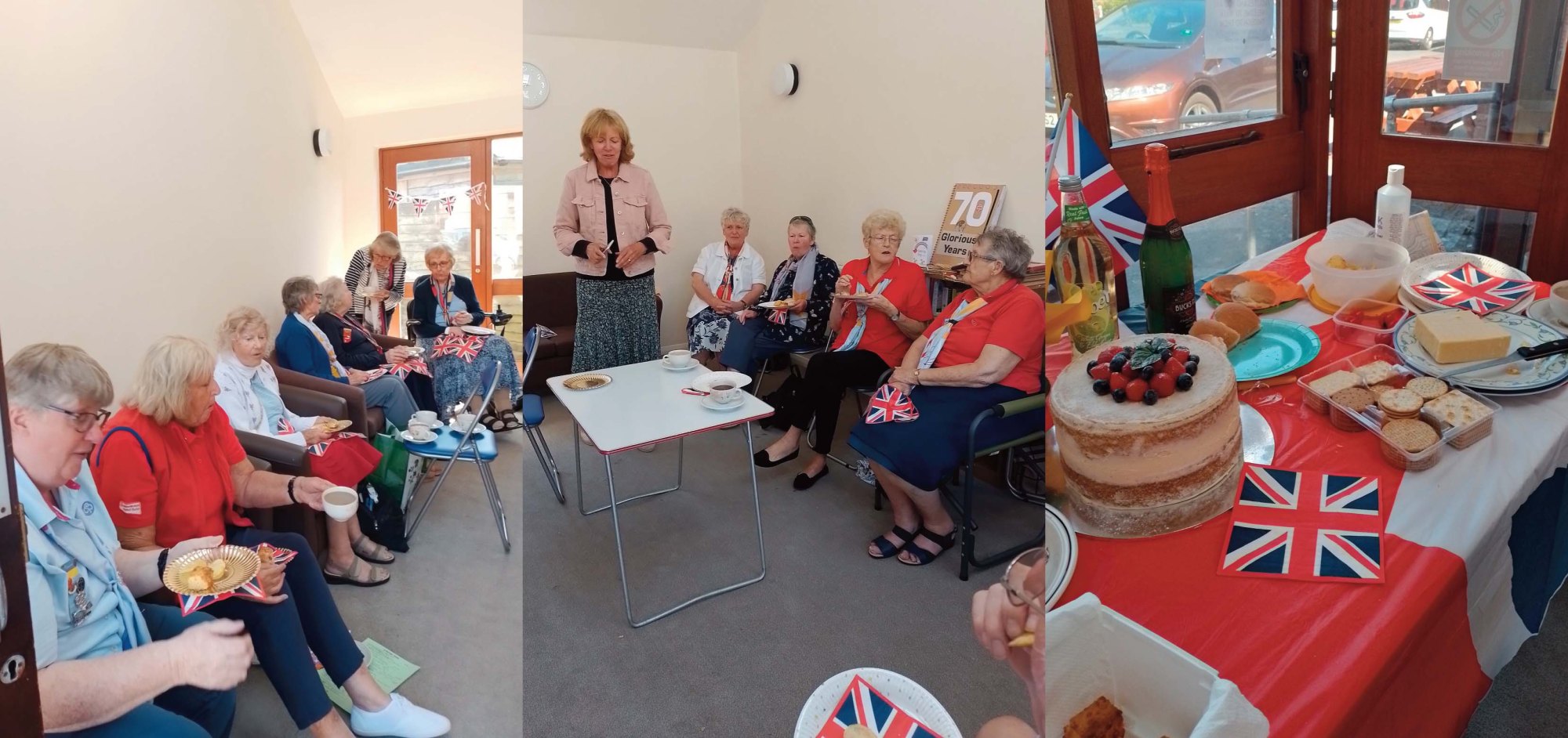 Photograph of Trefoil Guild members as Bridgwater Trefoil Guild celebrated the Queen’s Platinum Jubilee on May 31st. Shows members sitting chatting, and cake / buffet