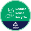 Circular badge-style logo featuring a hand with a plant and the words 'reduce, reuse, recycle' on a green background with the Girlguiding Somerset county logo below on dark blue