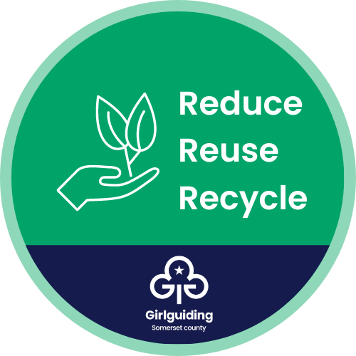 Circular badge-style logo featuring a hand with a plant and the words 'reduce, reuse, recycle' on a green background with the Girlguiding Somerset county logo below on dark blue