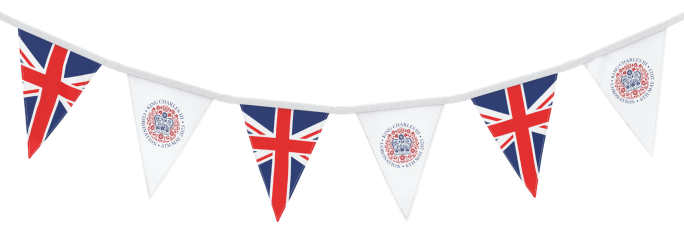 Coronation Bunting featuring union flag and the coronation logo (blue crown on red background representing the nations within the United Kingdom)