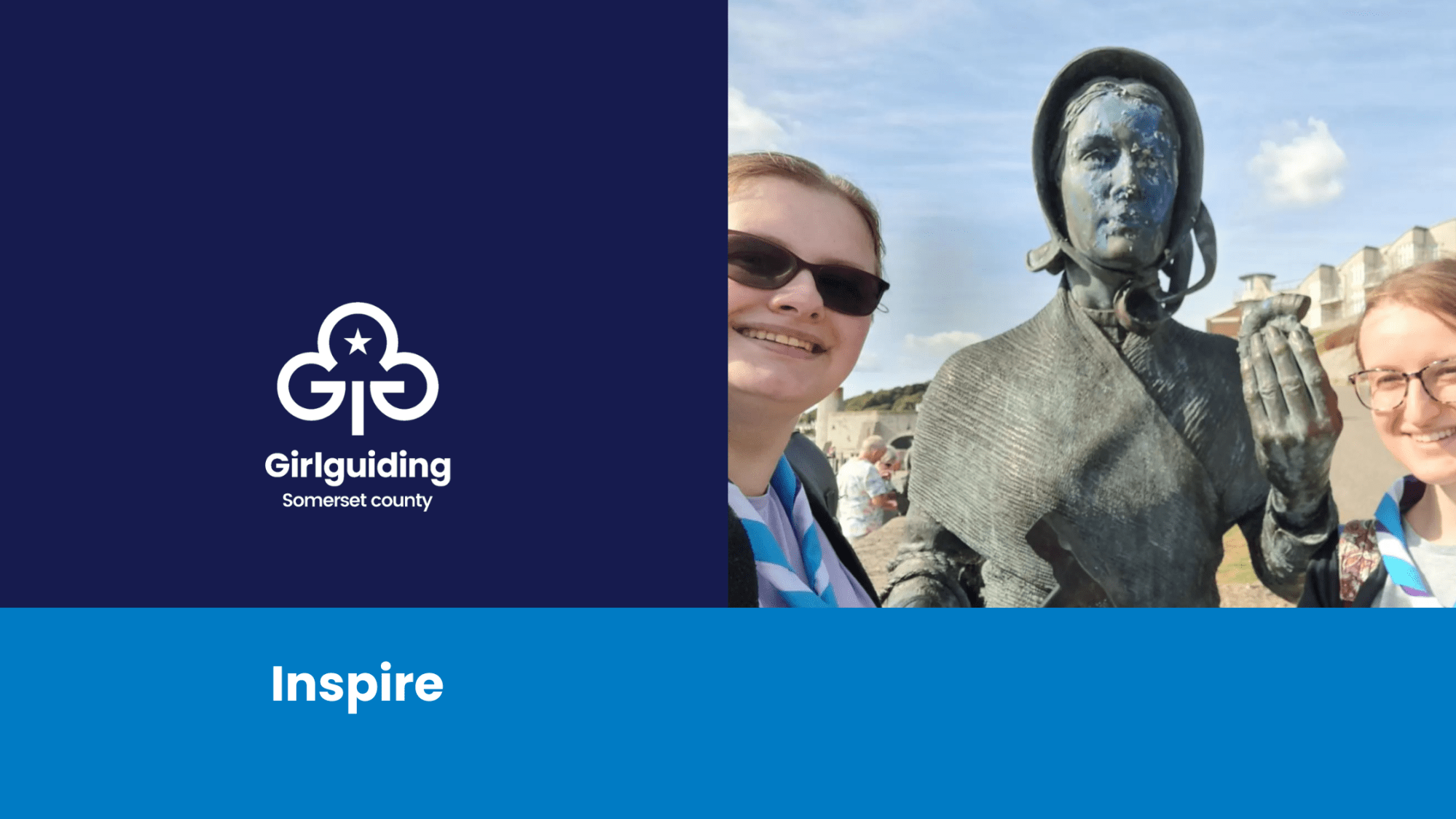 Photo of two Girlguiding Somerset Inspire members next to a statue of Mary Anning alongside the Girlguiding Somerset county logo and the word 'Inspire'