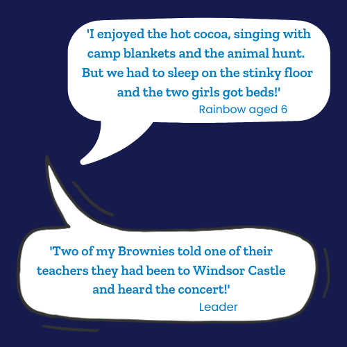 Quotes: "'I enjoyed the hot cocoa, singing with camp blankets and the animal hunt.  But we had to sleep on the stinky floor and the two girls got beds!" Rainbow, aged 6. 
"'Two of my Brownies told one of their teachers they had been to Windsor Castle and heard the concert!" Leader