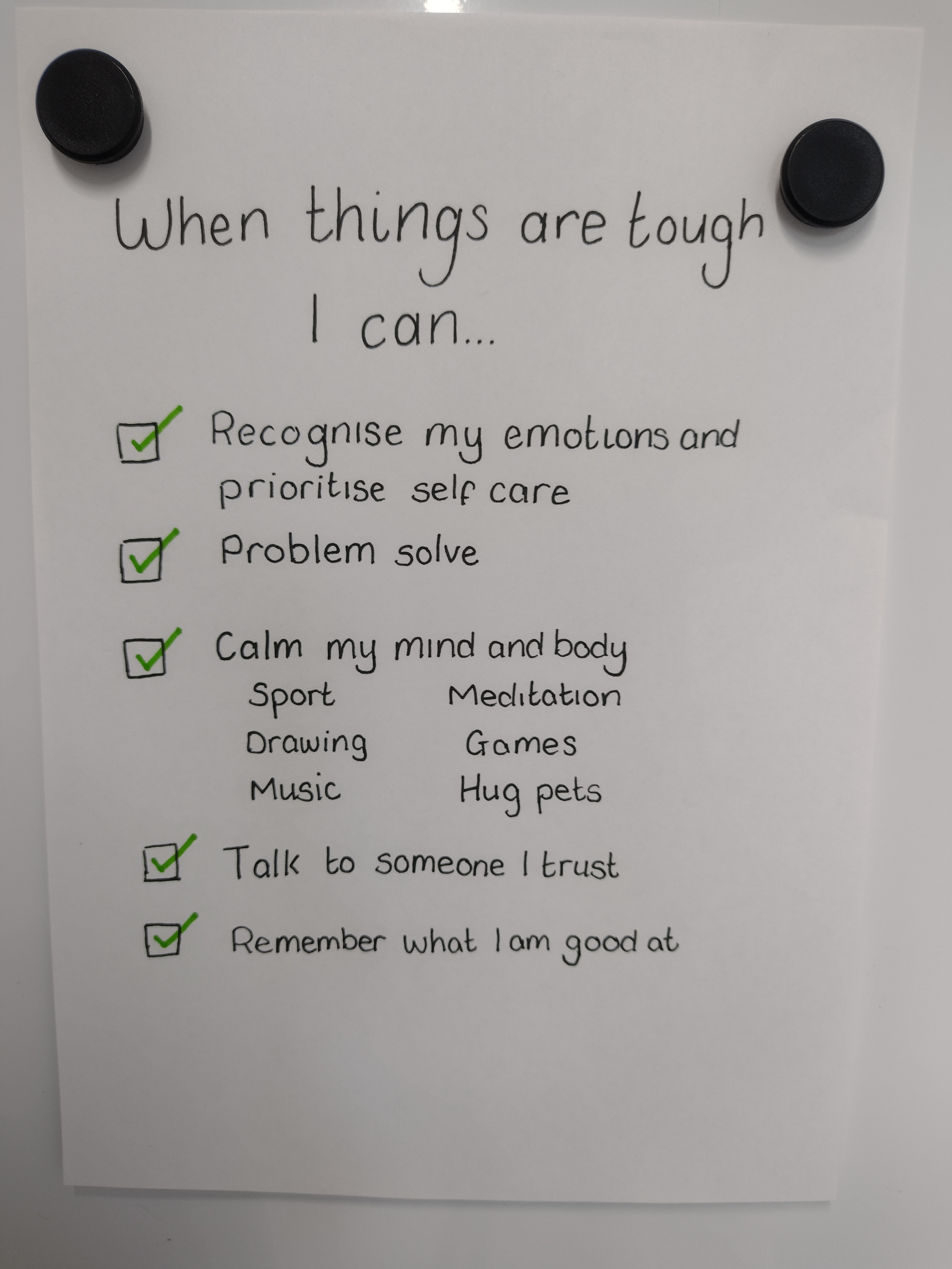 Checklist of the 5 skills taught within the think resilient session headed "When things are tough I can..."