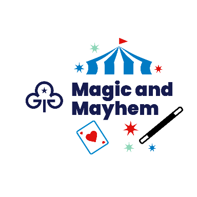 Girlguiding Magic and Mayhem logo featuring a big top, ace of hearts card and magic wand