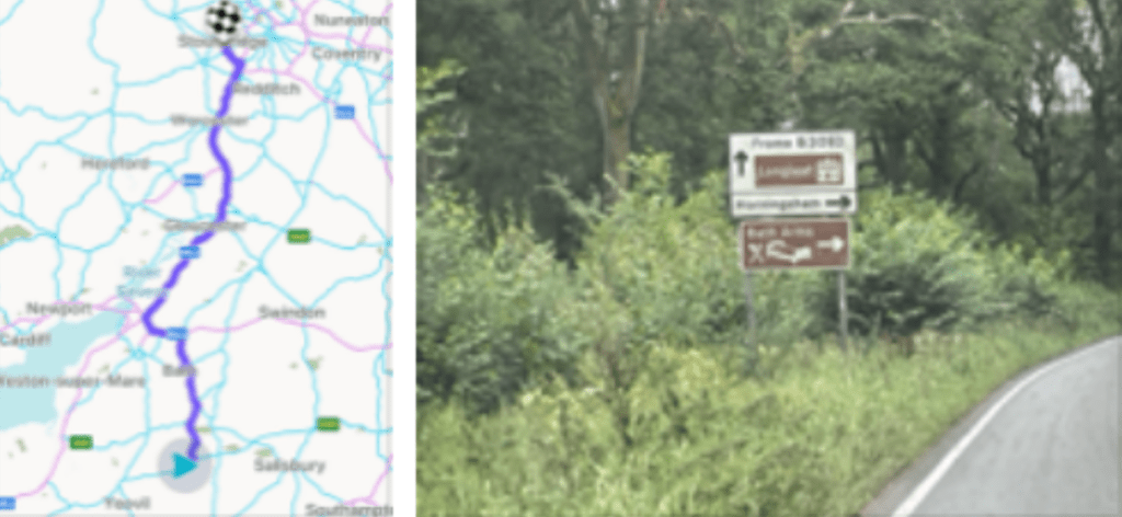 Route map from Somerset to Birmingham alongside a sign showing directions to the aptly named HORNingsham