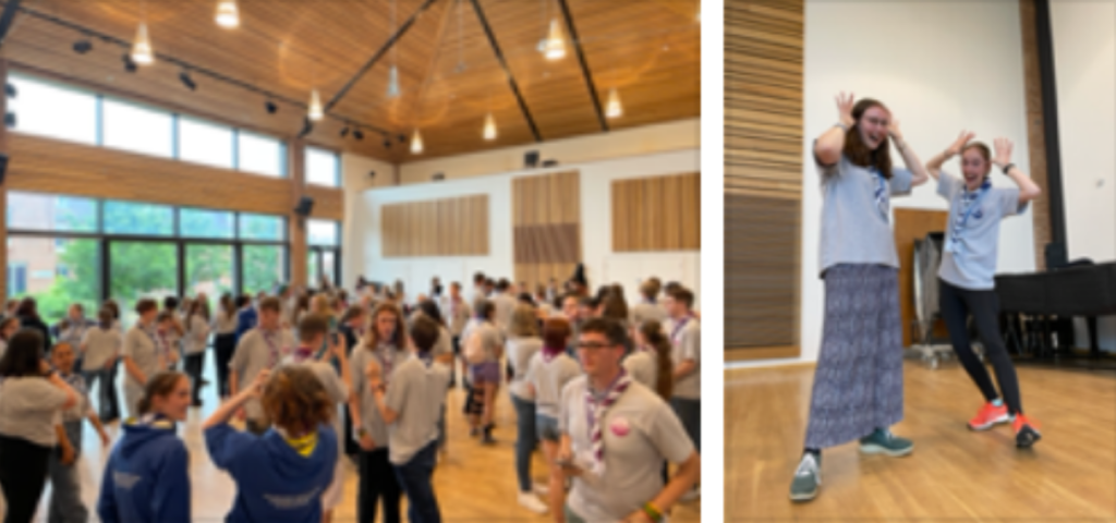 Photo of Guides and Scouts in a hall meeting each other, next to a photo of two Rangers making silly faces with their thumbs next to their heads