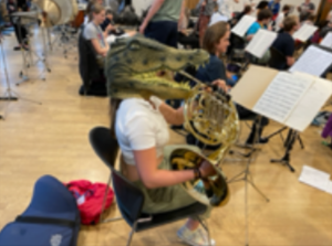 A French Horn player wearing an alligaitor head covering