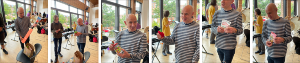 A series of 6 photos of a man in a black and white striped long sleeved top holding several small gifts including a bag of sweets.