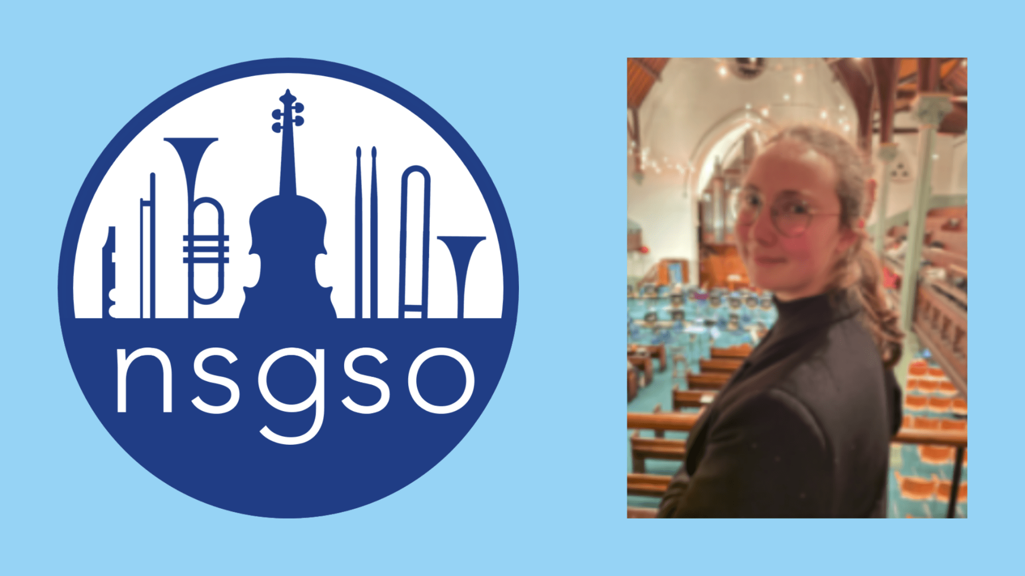 Circular NSGSO logo with dark blue instruments on white, on a pale blue background, next to a photo Saba overlooking a concert venue