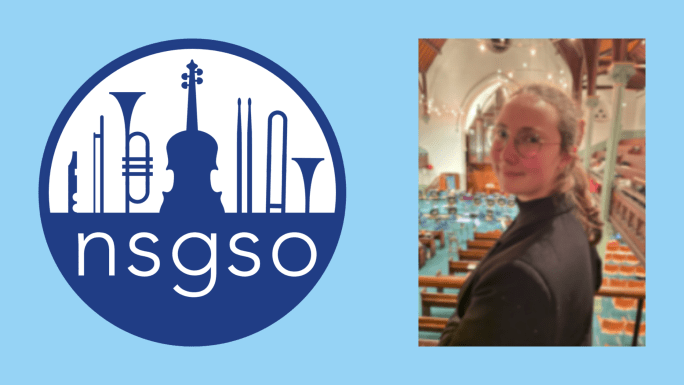 Circular NSGSO logo with dark blue instruments on white, on a pale blue background, next to a photo Saba overlooking a concert venue