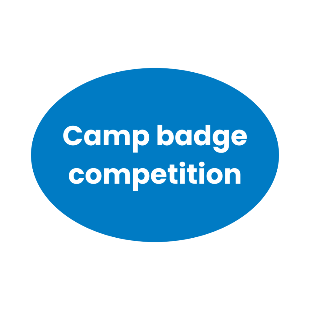 Blue oval shape with the words