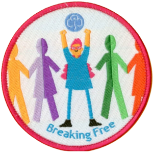 Breaking free badge showing a girl holding her arms in the air and the Girlguiding logo