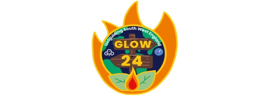 Glow 24 logo showing a sign pointing the way on a badge surrounded by campfire flames
