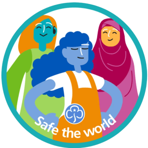 Safe the world badge showing 3 girls standing proudly and the Girlguiding logo