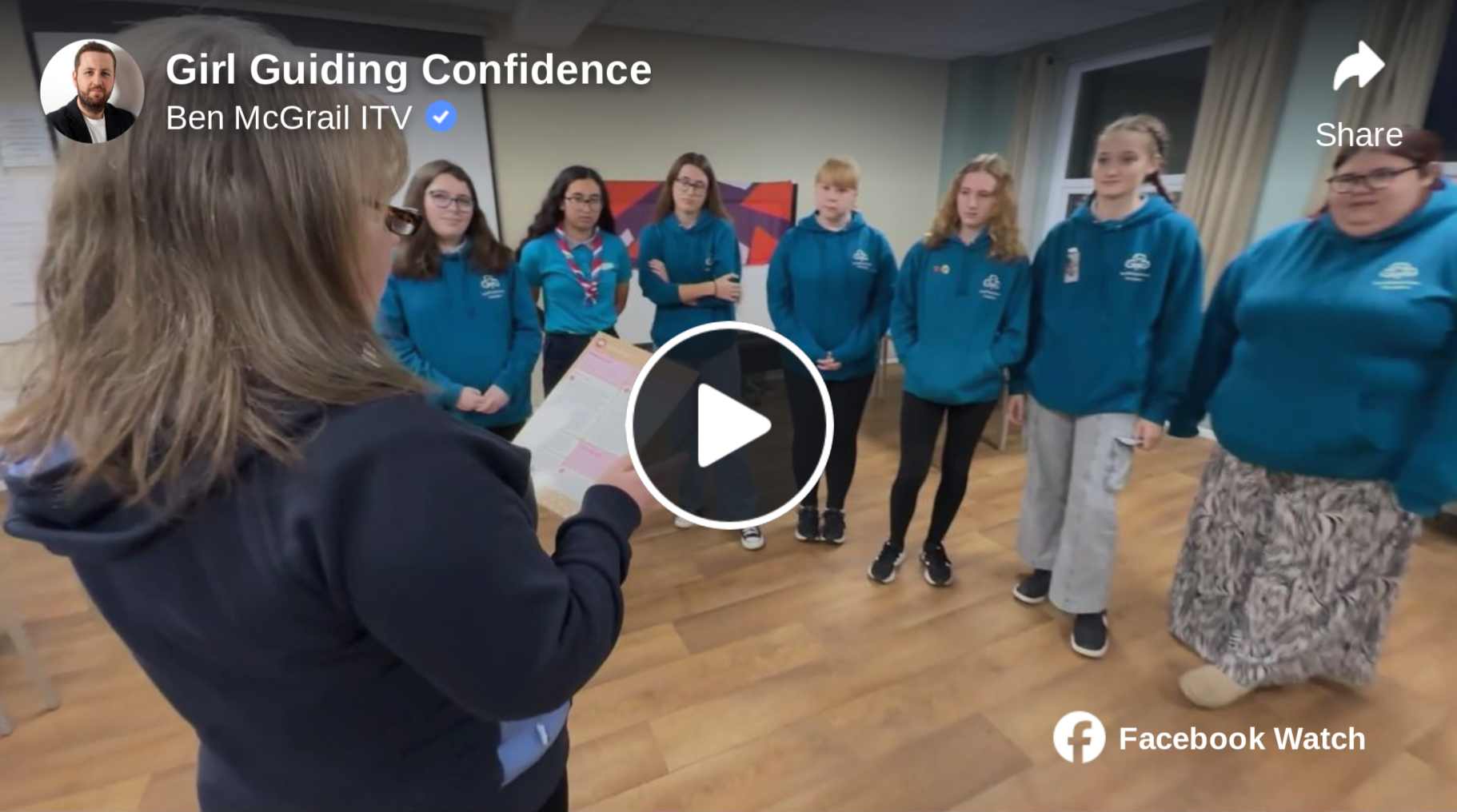 Facebook video link, captioned 'Girl Guiding Confidence' on Ben McGrail ITV's Facebook A group of 1st Bridgwater Rangers, with their leader in front of the camera (as featured on ITV news)