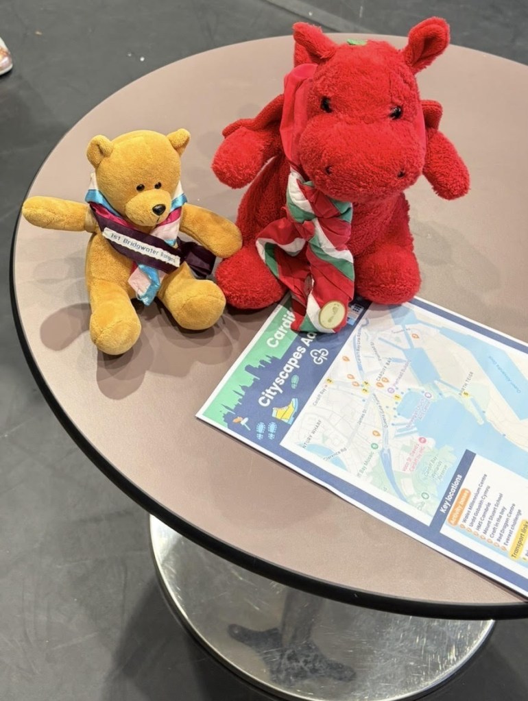 A red Welsh Dragon soft toy joined by a local Girlguiding mascot photographed at the Cityscape Adventure
